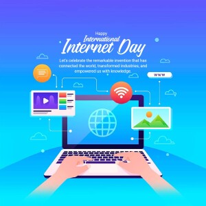 Illustration for International Internet Day featuring a laptop and connected devices.