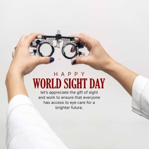 Hands holding an optometry tool with text 'Happy World Sight Day'