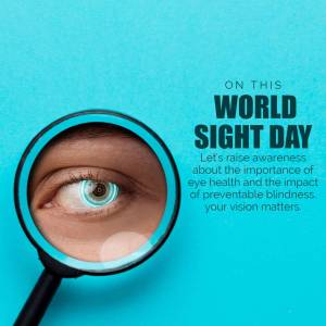 Image promoting World Sight Day with an eye being viewed through a magnifying glass.