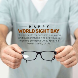 A healthcare professional holding a pair of glasses with a World Sight Day message.