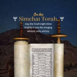 Image depicting a Torah scroll with menorahs, wishing a joyful Simchat Torah.
