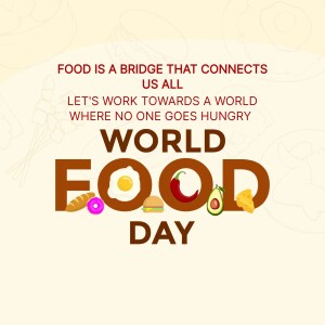World Food Day graphic with food illustrations and text promoting ending hunger.