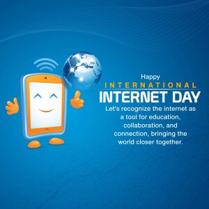 Illustration of a smiling smartphone with a globe and text celebrating International Internet Day.