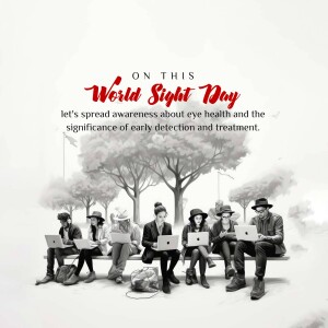 People using laptops on a bench with text 'World Sight Day'