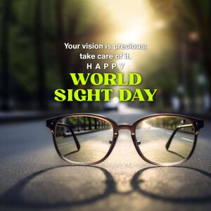 Image of eyeglasses with a blurred road background and text 'Happy World Sight Day'