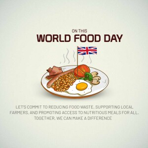 Illustration of a full English breakfast with a British flag on a plate, celebrating World Food Day.