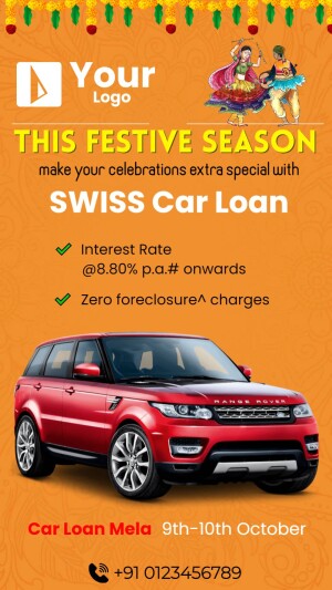 Festive season car loan advertisement featuring a red Range Rover and traditional Indian decorations.