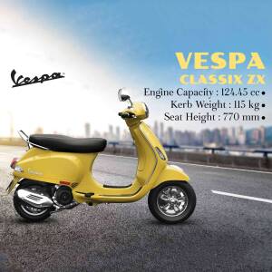 Yellow Vespa Classix ZX scooter parked on a road with city skyline in the background
