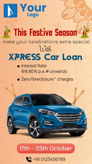Festive season car loan advertisement with a blue car and festive decorations.