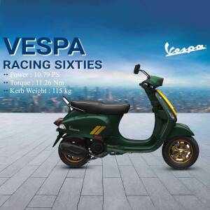Green and yellow Vespa Racing Sixties scooter with technical specifications