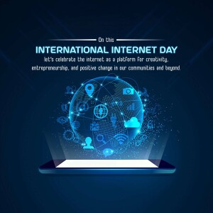 Digital illustration celebrating International Internet Day with a glowing globe and tech icons.
