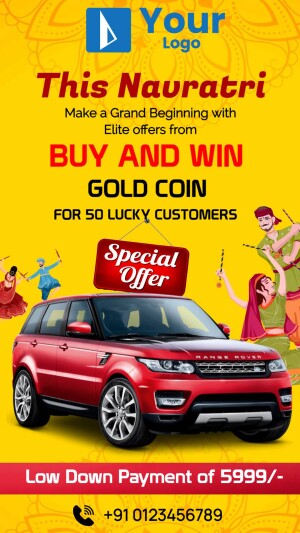 Navratri promotional banner featuring a car giveaway and gold coin offer.