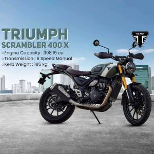 Side view of a green and black Triumph Scrambler 400 X motorcycle with specifications displayed.
