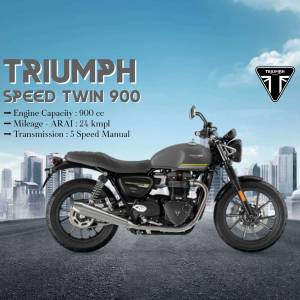 Side view of a grey Triumph Speed Twin 900 motorcycle with specifications displayed.