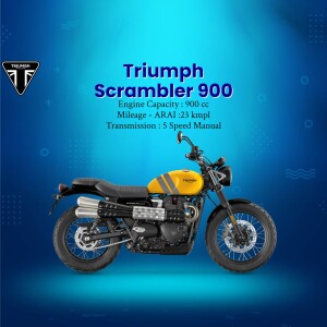 Yellow and black Triumph Scrambler 900 motorcycle with specifications