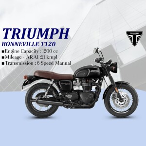 Side view of a black Triumph Bonneville T120 motorcycle with specifications.