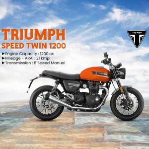 Orange and black Triumph Speed Twin 1200 motorcycle with specifications.