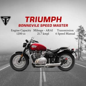 Red Triumph Bonneville Speedmaster motorcycle on a road