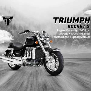 Side view of a black Triumph Rocket 3 motorcycle with engine specifications.