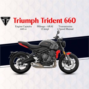 Side view of a grey Triumph Trident 660 motorcycle with red accents.