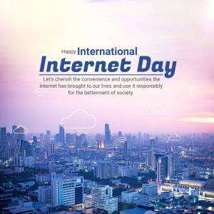 International Internet Day graphic with a city skyline and cloud icons