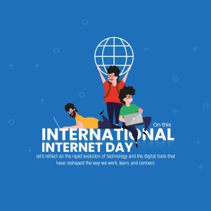 Illustration depicting people interacting with technology and a globe for International Internet Day.