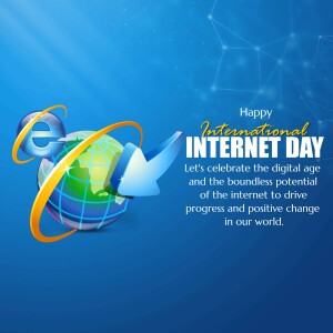 Illustration of a globe with an 'e' symbol orbiting it, celebrating International Internet Day.