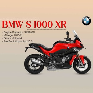 Side view of a red and black BMW S 1000 XR motorcycle with specifications listed.