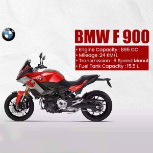 Side view of a red and black BMW F 900 R motorcycle with specifications.