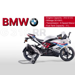 Side view of a red, white, and blue BMW G 310 RR motorcycle with specifications listed.