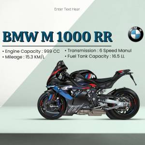 Side view of a black and blue BMW M 1000 RR motorcycle with specifications.