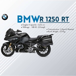 Side view of a black and grey BMW R 1250 RT motorcycle with specifications.