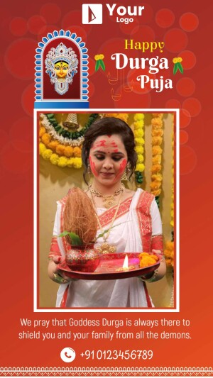 A woman in a traditional saree holding a puja thali with a Durga idol in the background.