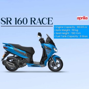 Blue Aprilia SR 160 Race scooter with specifications