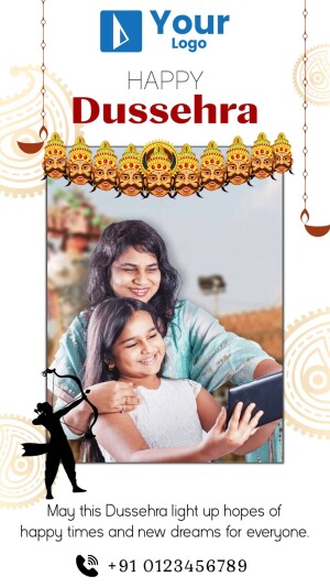 Dussehra greeting with a mother and daughter taking a selfie and an illustration of Ravana's effigy.
