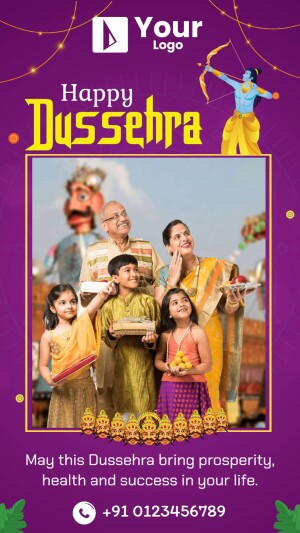 Family celebrating Dussehra with a background of Ram Leela and decorations