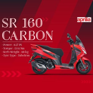 Red Aprilia SR 160 Carbon scooter with specifications