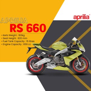 Side view of a green and grey Aprilia RS 660 motorcycle with specifications listed.