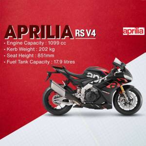 Side view of a black and grey Aprilia RS V4 motorcycle with specifications listed.