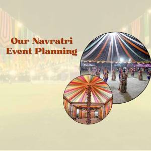 Navratri event planning advertisement with colorful tent decorations.