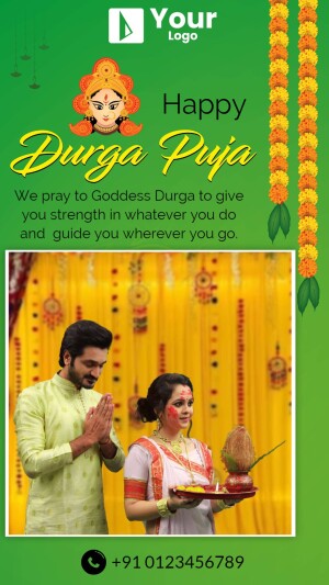 Durga Puja greeting with Goddess Durga and a family praying