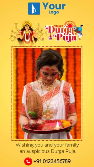 A woman in traditional attire performing Durga Puja rituals with a festive background.