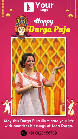 Durga Puja greeting with a woman celebrating and Goddess Durga image