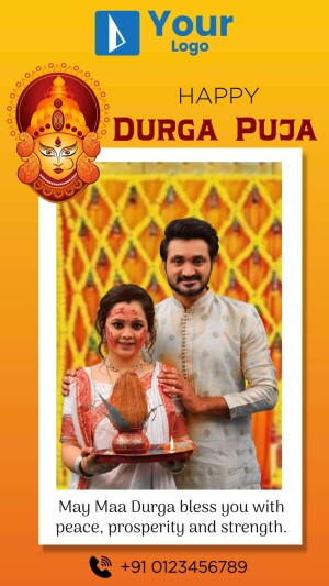 Durga Puja greeting with a couple and Goddess Durga image