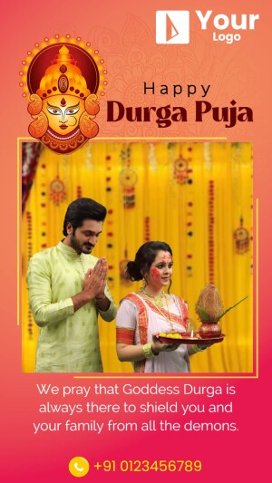 Durga Puja greeting with a couple praying and Goddess Durga image