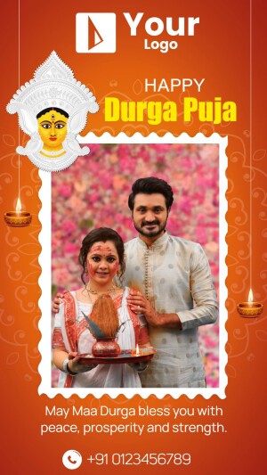 Durga Puja greeting with a family portrait and Goddess Durga image