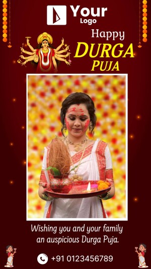 Durga Puja greeting with a woman in traditional attire and Goddess Durga image