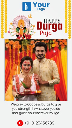 Couple celebrating Durga Puja with Goddess Durga image