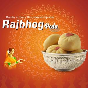 Close-up of Rajbhog Pedas in a silver bowl with a Navratri themed background.