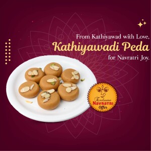A plate of Kathiyawadi Pedas with a Navratri offer banner.